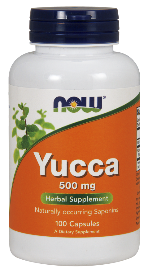 Yucca Yukka-Wurzel in 500 MG Kapseln von NOW FOODS, natürliche Nahrungsergänzung, zeigt die Packung mit Kapseln.