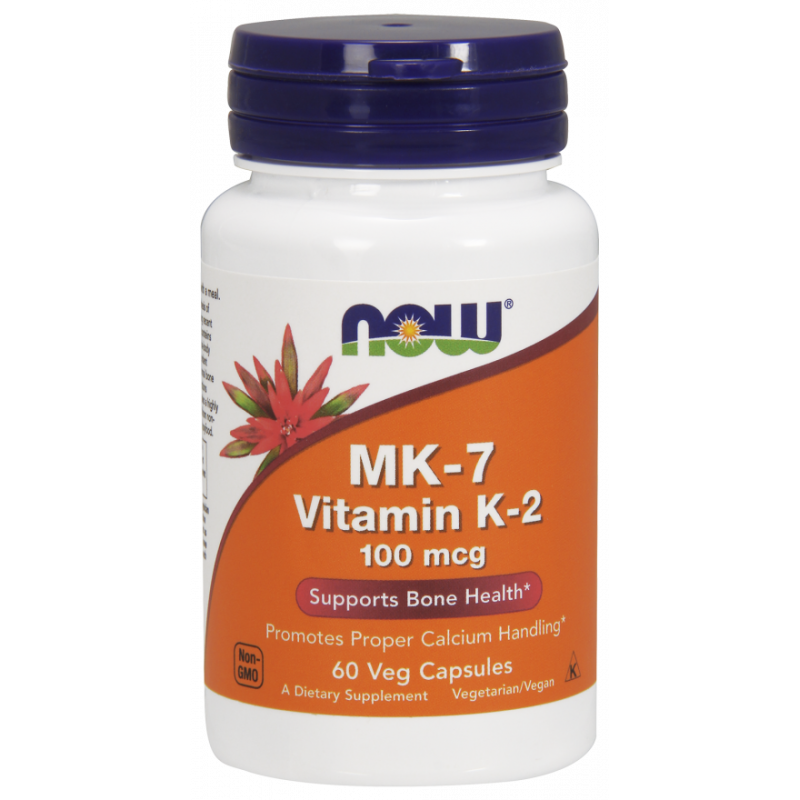 Vitamin K2 MK7 100 mcg Kapseln von NOW FOODS, Nahaufnahme der blauen Kapseln in einer Packung.