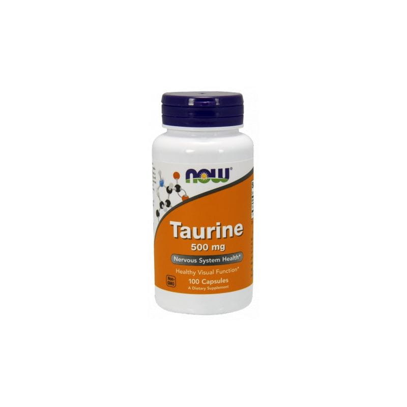 Taurin 500 mg Kapseln von NOW FOODS, 100 Stück, Nahaufnahme der weißen Kapseln in einer Packung.