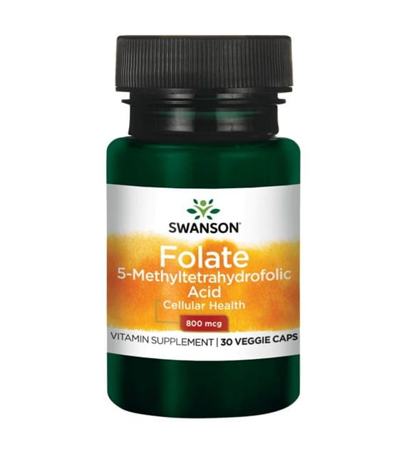 Folat Quatrefolic 800 mcg in SWANSON-Kapseln, Nahaufnahme der braunen Kapseln vor weißem Hintergrund