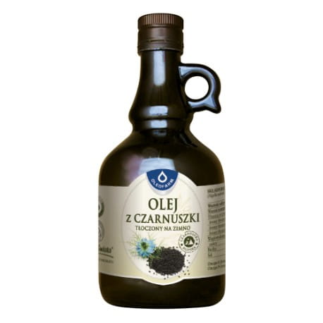 Schwarzkümmelöl in 500ml Flasche, kaltgepresst, von OLEOFARM, zeigt die Flasche mit dunklem Öl und Etikett.