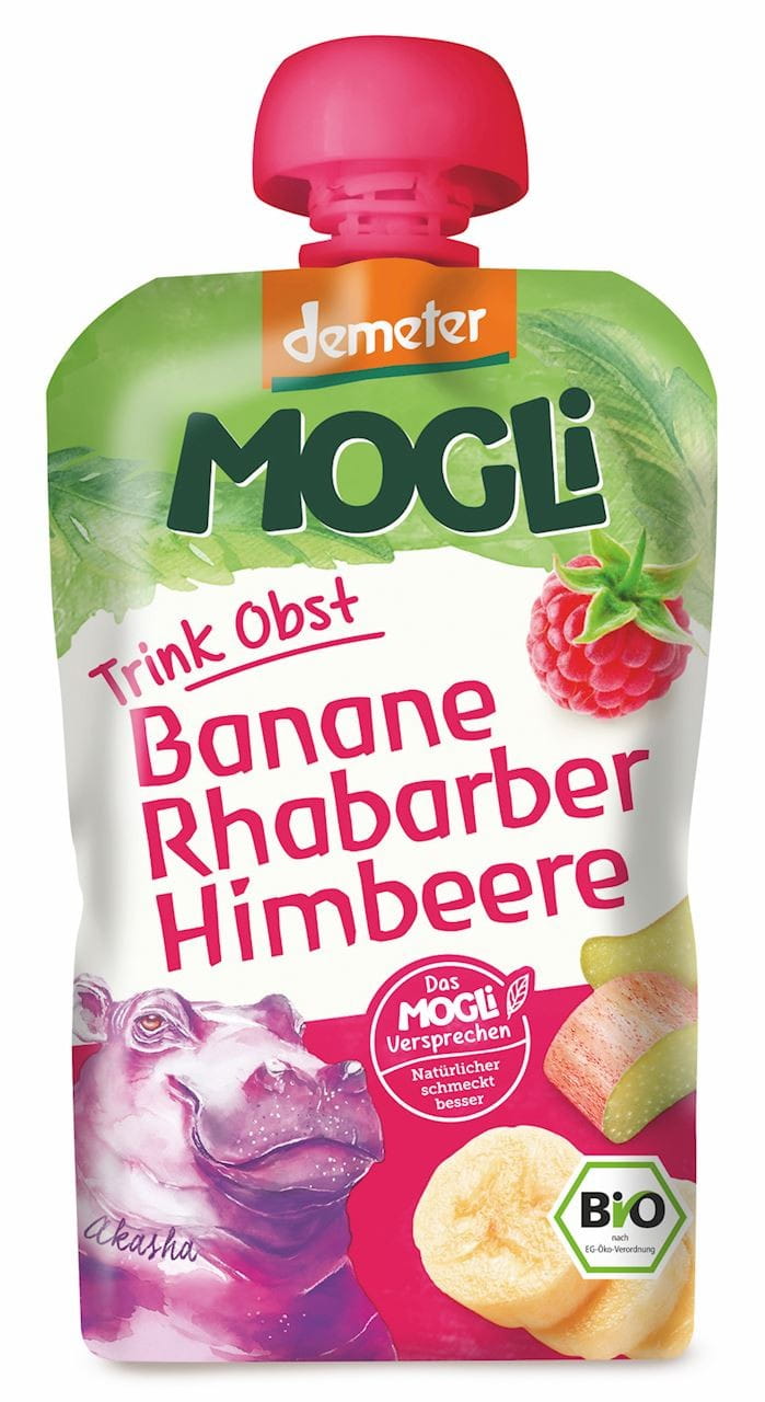 Bio Bananenpüree mit Rhabarber und Himbeere von MOGLI, 100 g, ohne Zuckerzusatz, fruchtiges Baby- und Kinderfrühstück