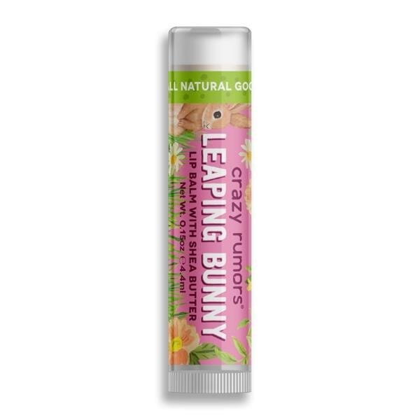 Natürlicher Lippenbalsam von CRAZY RUMORS mit fruchtigem Pflaume- und Aprikosenduft, springender Hase auf der Verpackung