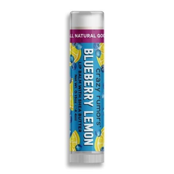 Natürlicher Heidelbeer-Zitrone Lippenbalsam von CRAZY RUMORS, zeigt die Verpackung mit Heidelbeer- und Zitronenmotiven.