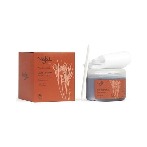 Najel Bio-Zuckerpaste für heiße Enthaarung, cremige Textur, ideal für sanfte Haarentfernung, natürliche Inhaltsstoffe, im Glas.