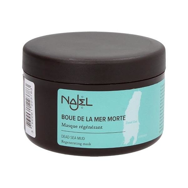 Totes Meer Schlamm aus der NAJEL regenerierenden Maske, cremige Textur in einer weißen Schüssel, natürliche Inhaltsstoffe sichtbar