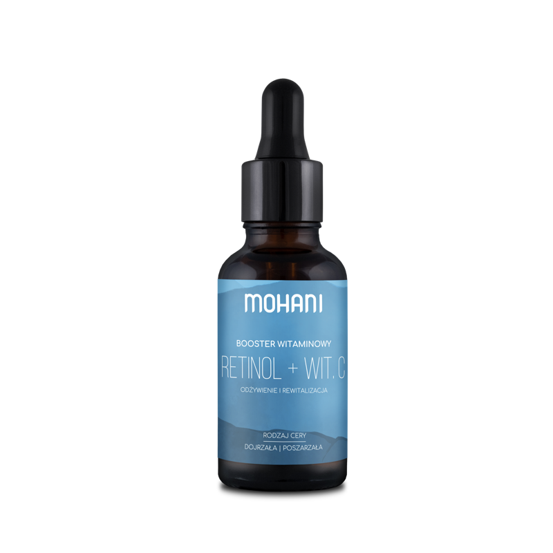 Revitalisierender MOHANI Booster mit Retinol und Vitamin C in einer eleganten Flasche, für frische Haut.