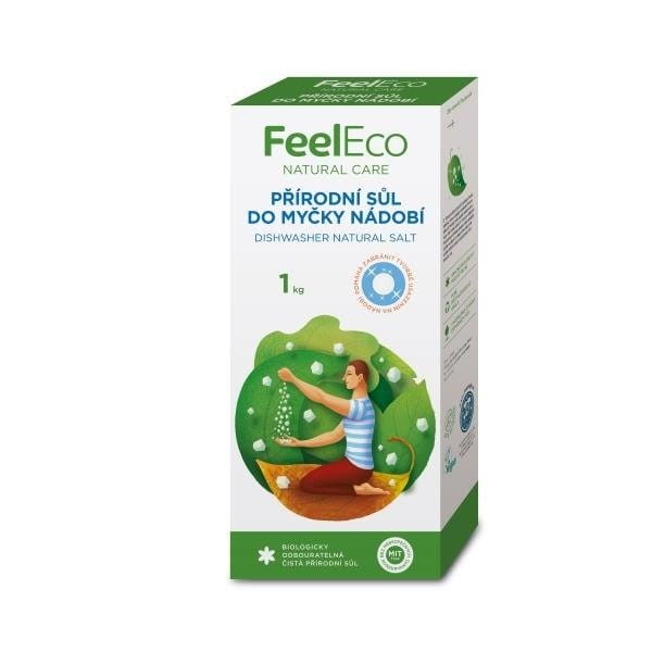 Natürliches Geschirrspülsalz von FEEL ECO in einem 1 kg Beutel, zeigt das Salz in einer transparenten Verpackung.