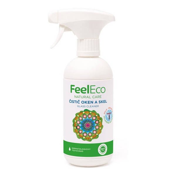 Flüssigkeit von FEEL ECO zur Reinigung von Fenstern, Spiegeln und Glasflächen, klare Flüssigkeit in Flasche.