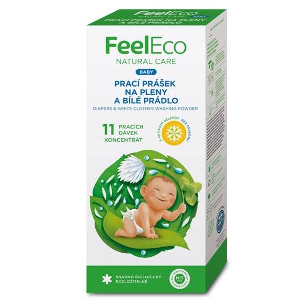 Feinwaschmittel für weiße Kleidung und Windeln, FEEL ECO BABY, flüssiges Waschpulver, umweltfreundlich und sanft.