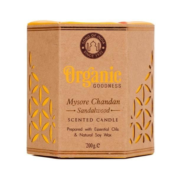 Sojaduftkerze mit Mysore Chandan Sandelholz von SONG OF INDIA, 200g, brennt mit warmem Sandelwood-Duft.