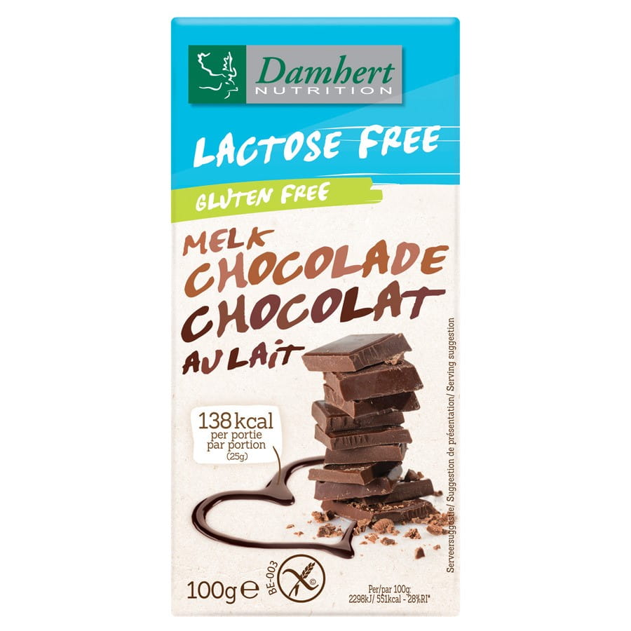 Milchschokolade ohne Laktose und Gluten von DAMHERT, 100g, cremige Schokolade mit Milchgeschmack, auf weißem Hintergrund.