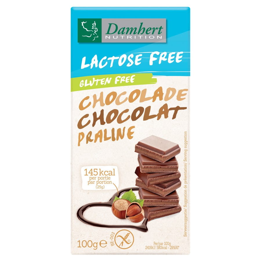 Vollmilchschokolade mit laktosefreier und glutenfreier Pralinenfüllung, 100 g, DAMHERT, cremige Schokoladenstückchen