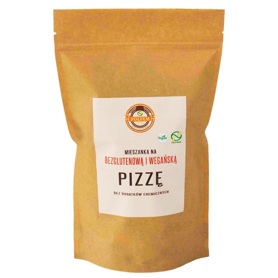 Glutenfreier und veganer Pizzamix von POLFEM, 500g, in einer Packung auf einem Küchenhintergrund.