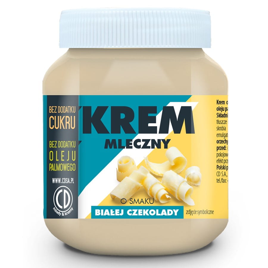 Weiße Schokoladencreme ohne Zuckerzusatz und Palmöl, 350g, von CD, cremige Konsistenz in Glasbehälter.