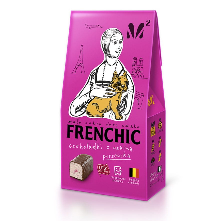 Schwarze Johannisbeeren-Pralinen mit französischem Joghurt von M2, 100g, in eleganter Verpackung.