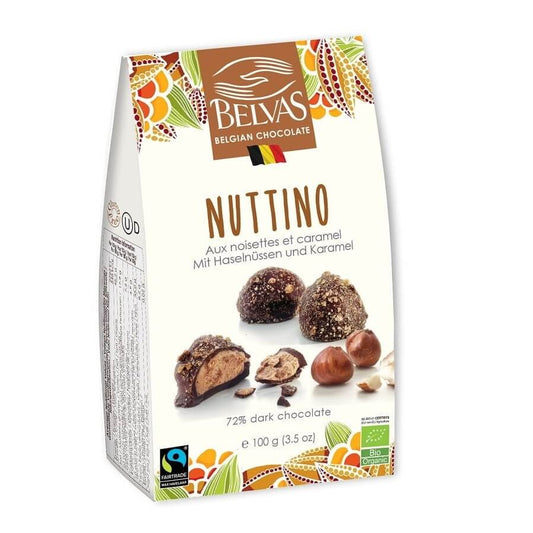 Belgische Fair Trade Haselnuss-Pralinen BIO von BELVAS, 100 g, mit Schokoladenüberzug und Haselnüssen.
