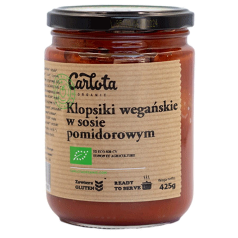 Vegane Frikadellen in Tomatensauce von CARLOTA ORGANIC, BIO, 425g, auf einem Teller serviert.