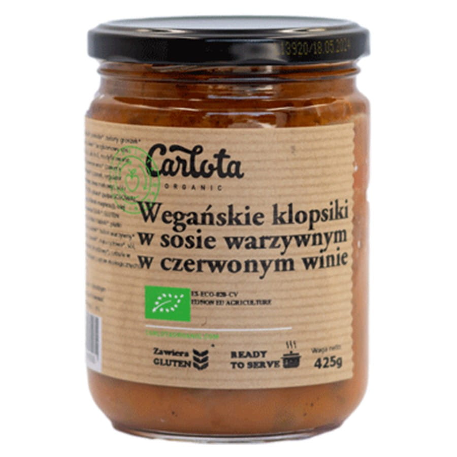 Vegane Frikadellen in Rotwein-Biersoße auf einem Teller, BIO-Qualität, von CARLOTA ORGANIC, 425g.
