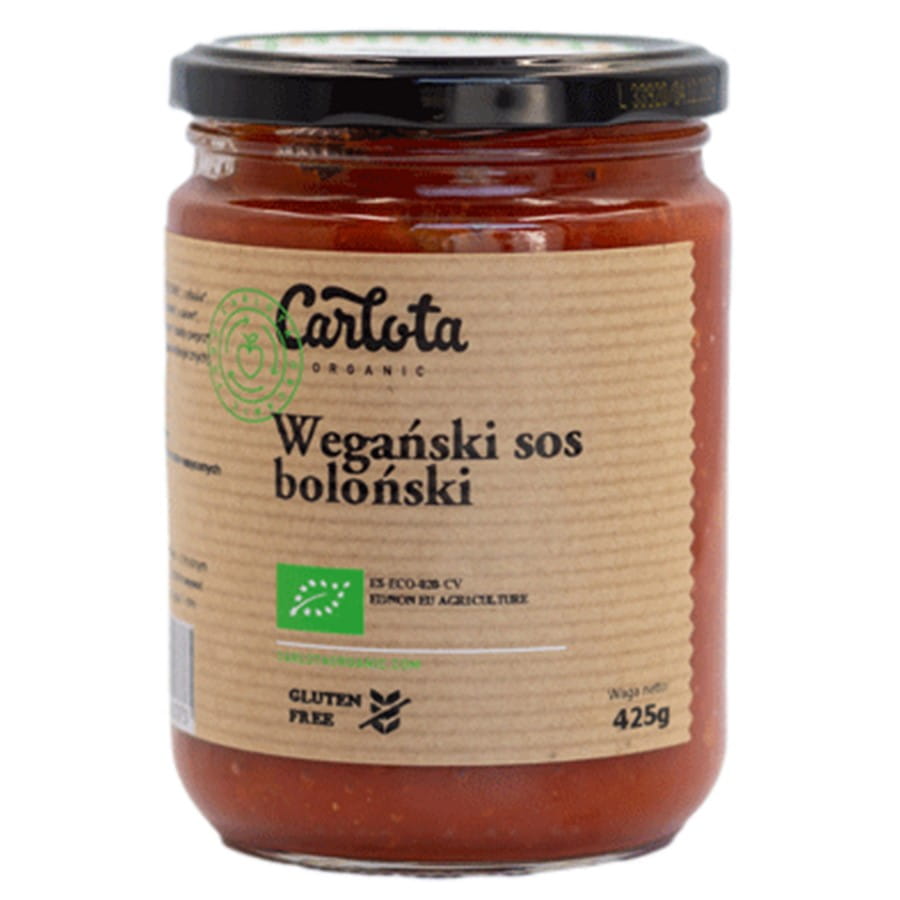 Vegane BIO Bolognese-Sauce von CARLOTA ORGANIC in 425g Packung, cremige, fleischfreie Tomatensauce mit Gemüse.