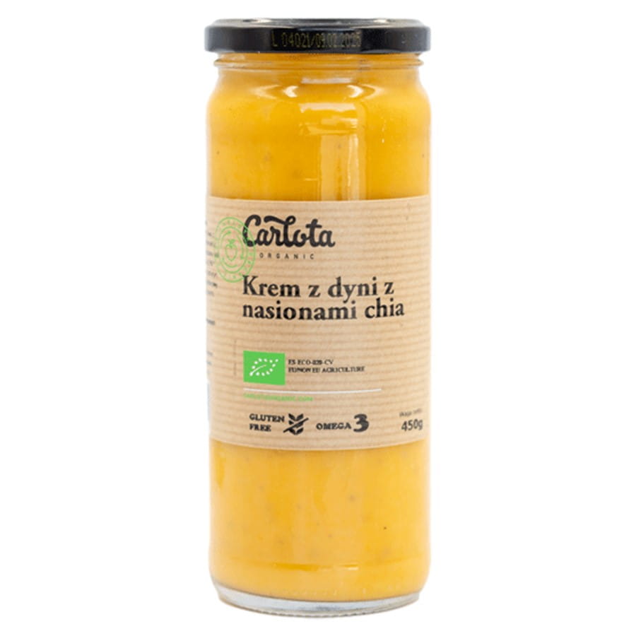 Kürbiscreme mit Chiasamen von CARLOTA ORGANIC, Bio-Qualität, in 450g Glas, cremige Konsistenz und orange Farbe.
