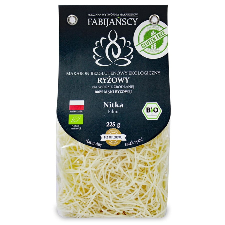 Weiße glutenfreie Reisnudeln "Faden" von FABIJAŃSCY, BIO, 225g, fein und lang, ideal für asiatische Gerichte.
