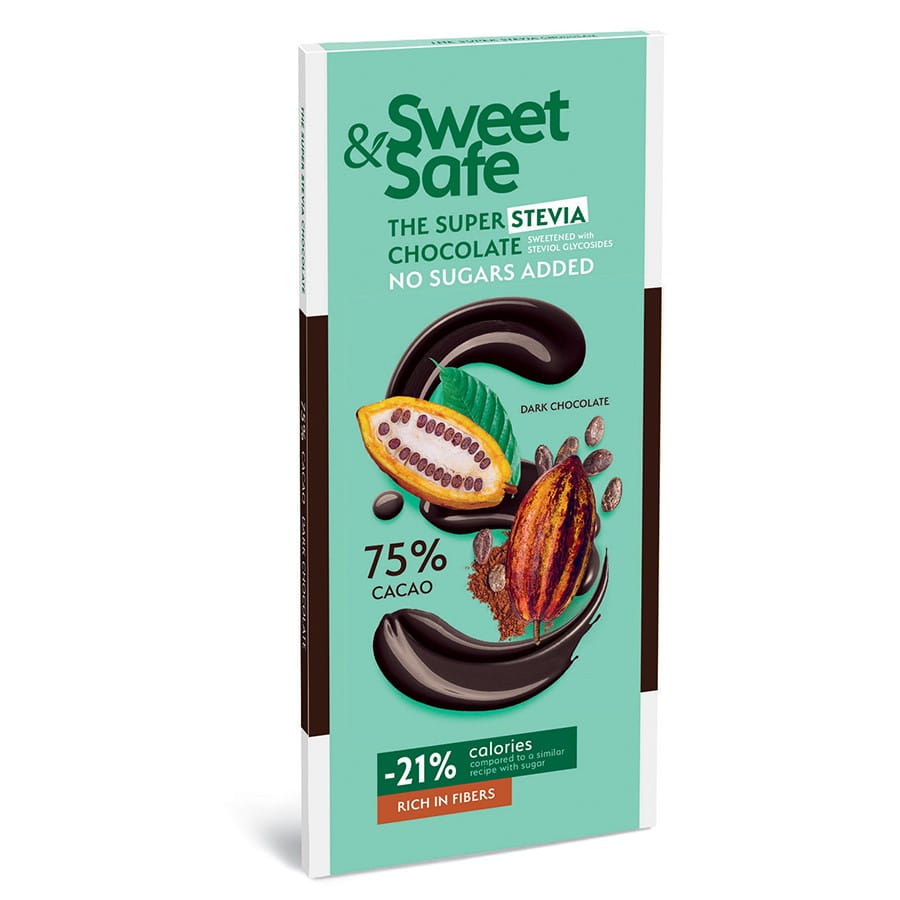 Zartbitterschokolade 75% Kakao mit Stevia, 90g, von SWEET&SAFE, liegt auf weißem Hintergrund.