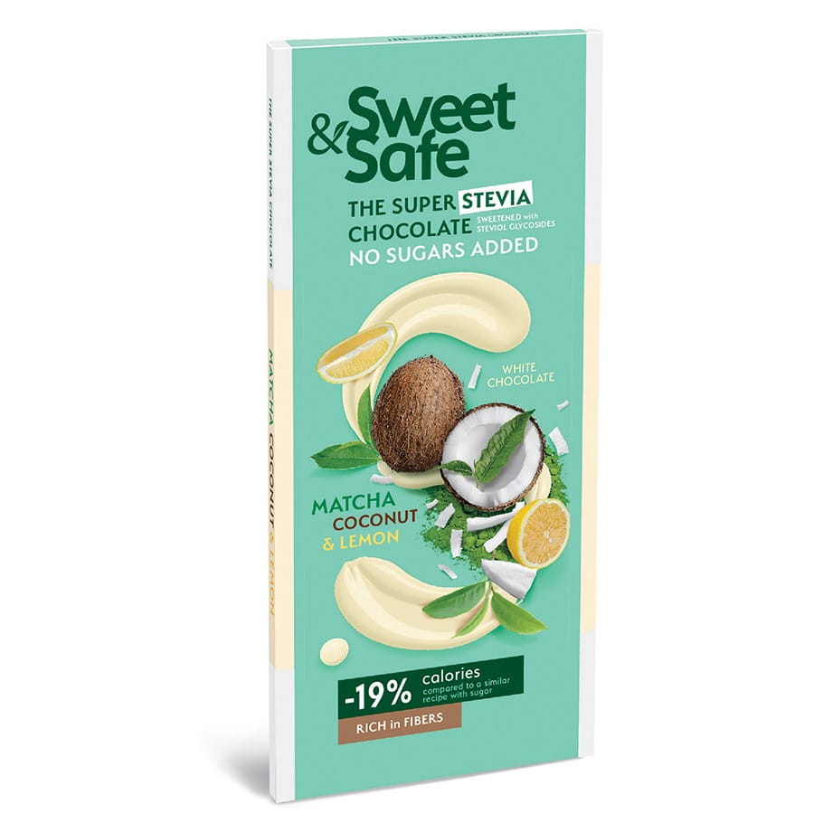 Weiße Schokolade mit Matcha, Kokos und Zitrone, gesüßt mit Stevia, 90g, von SWEET&SAFE, detailreiche Verpackung auf dem Bild