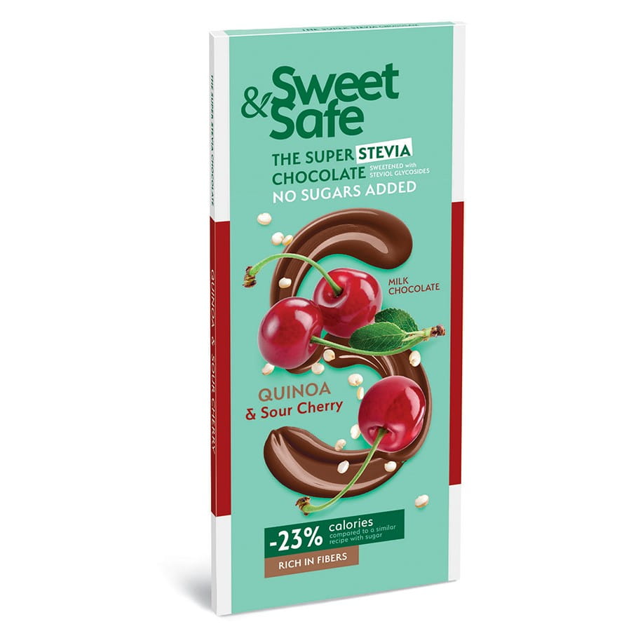 Milchschokolade von SWEET&SAFE mit Quinoa und Kirschen, gesüßt mit Stevia, 90g, cremige Schokoladenstückchen mit Früchten