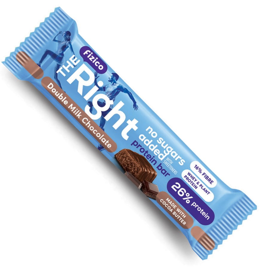Proteinriegel in Doppelmilchschokolade von FIZICO, 60g, liegt auf einem weißen Hintergrund.