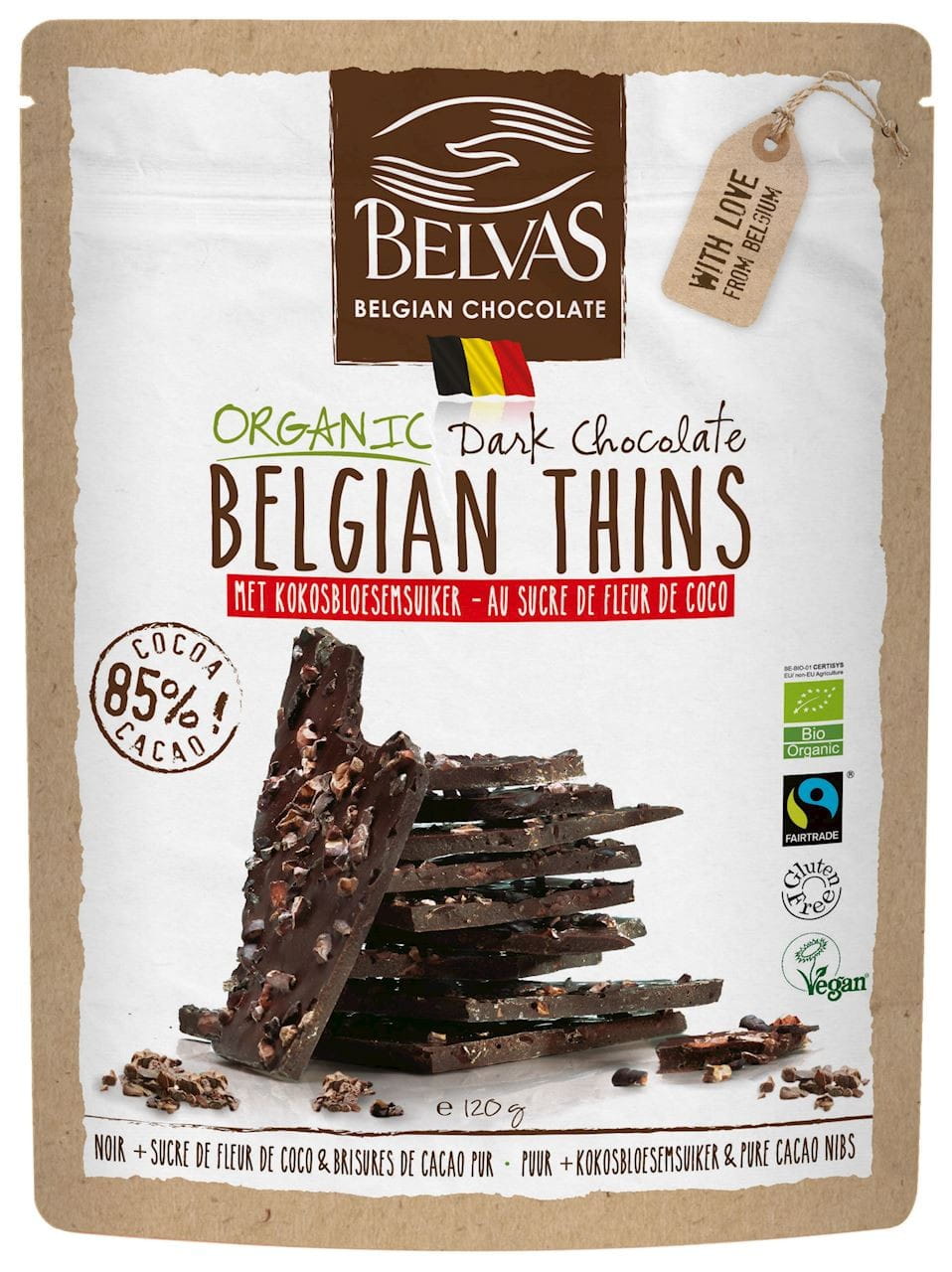 Stücke aus Zartbitterschokolade 85% mit Kakaobohnen, glutenfrei, fair gehandelt, BIO, BELVAS, 120 g