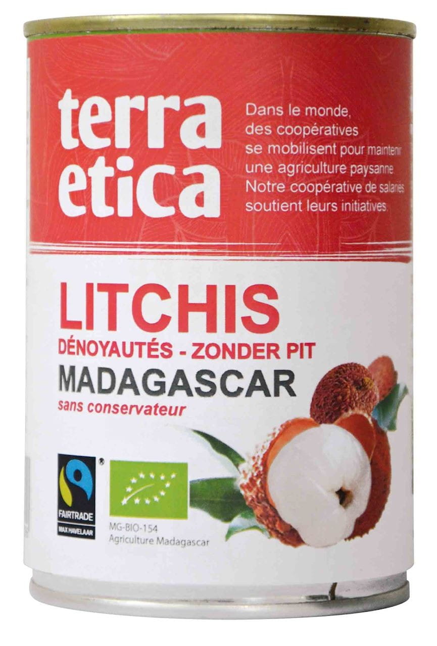 Dosen mit Litschis in Bio-Sirup vom fairen Handel, 425 g, TERRA ETICA, geöffnet mit Litschis und Sirup sichtbar.