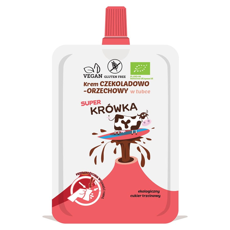 Schoko-Nuss-Creme in der Tube von SUPER KRÓWKA, glutenfrei, BIO, 50g, cremige Fudge-Textur, ideal für Brot und Snacks