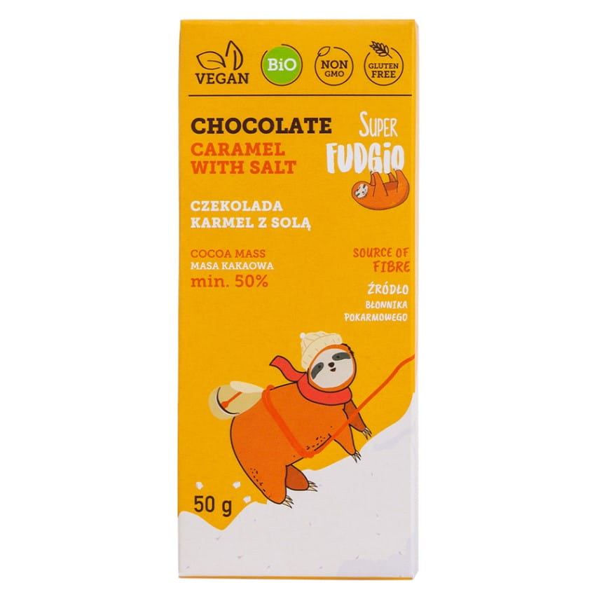 Glutenfreier Bio-Schokoladenkaramell mit Salz in 50g Verpackung von SUPER FUDGIO, cremige Süßigkeit mit Meersalz.