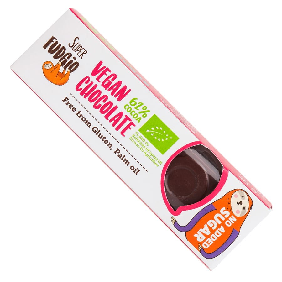 Schokoriegel mit Kokosgeschmack von SUPER FUDGIO, ohne Zuckerzusatz, BIO, 40g, mit Kokosnuss und Schokoladenüberzug