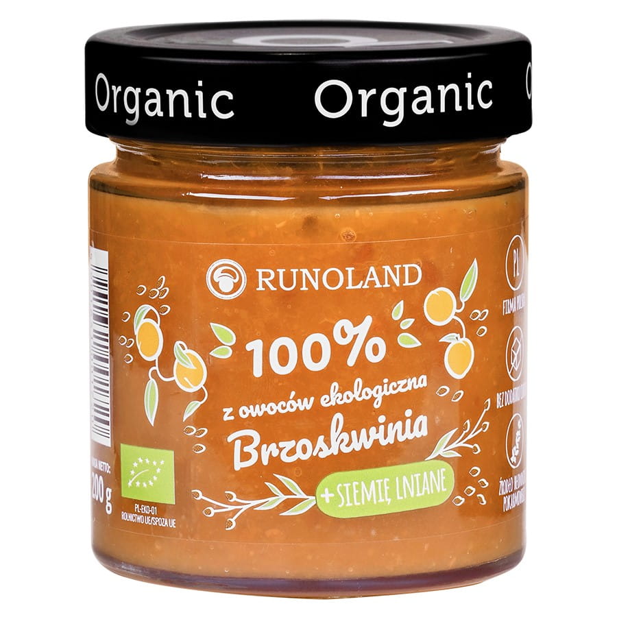 Pfirsich- und Leinsamen-Fruchtaufstrich von RUNOLAND, 200g, mit Konsistenz wie BIO-Marmelade, fruchtig und cremig.