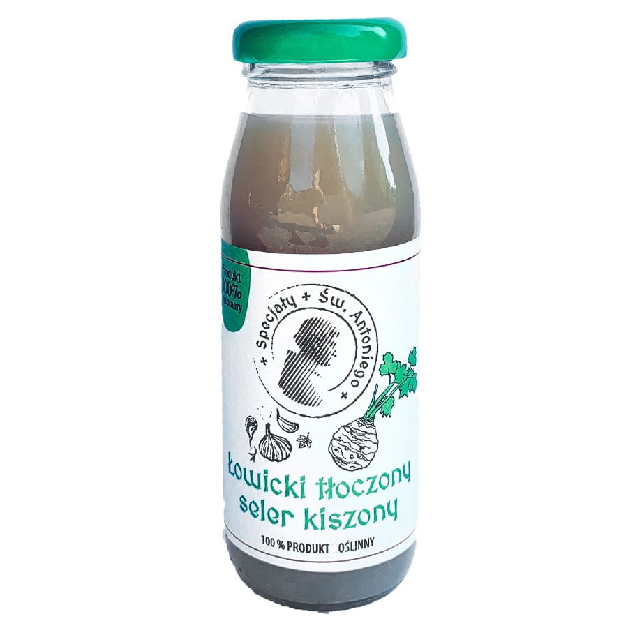 Eingelegter Selleriesaft in 175ml Flasche von SPECJAŁY ŚW. ANTONIEGO, Heilige Spezialitäten, detailreiche Nahaufnahme