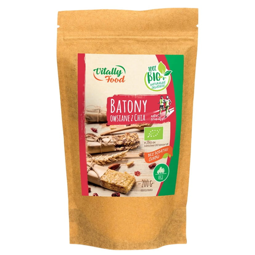 Bio Haferriegel-Mix mit Chia von VITALLY FOOD, 200g, zeigt die Mischung aus Haferflocken und Chia-Samen in der Verpackung