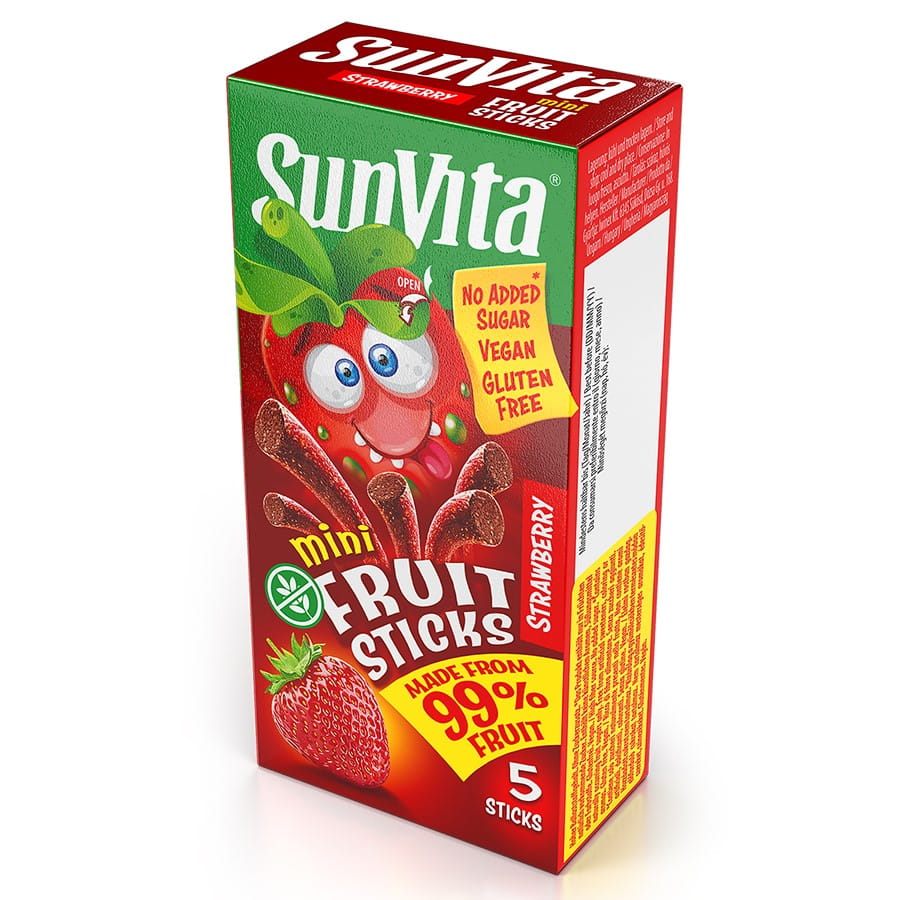 Fruchtsticks ohne Zuckerzusatz von SUNVITA, Erdbeer-Geschmack, 50g Packung, sichtbare Erdbeer- und Fruchtstücken, fruchtig und frisch
