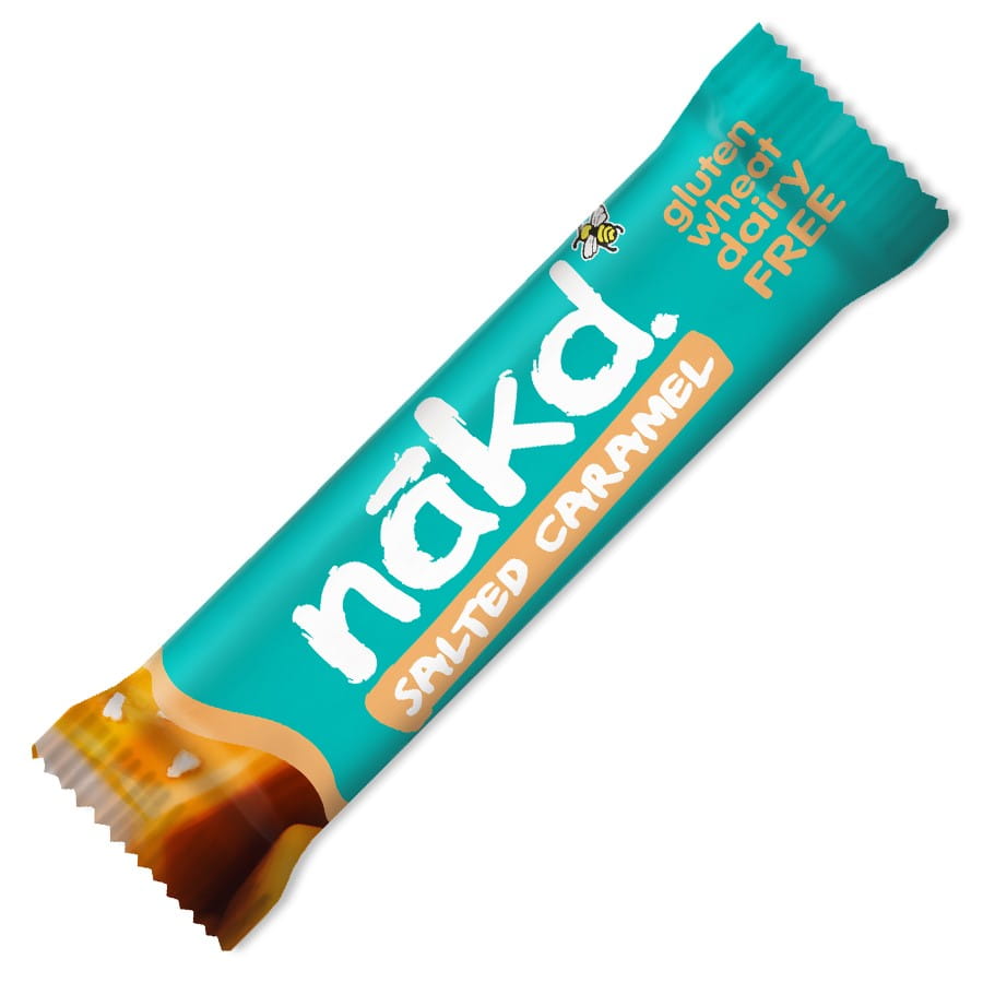 Rohkostriegel mit gesalzenem Karamell-Geschmack von NAKD, 35g, zeigt den Riegel in einer Verpackung auf weißem Hintergrund