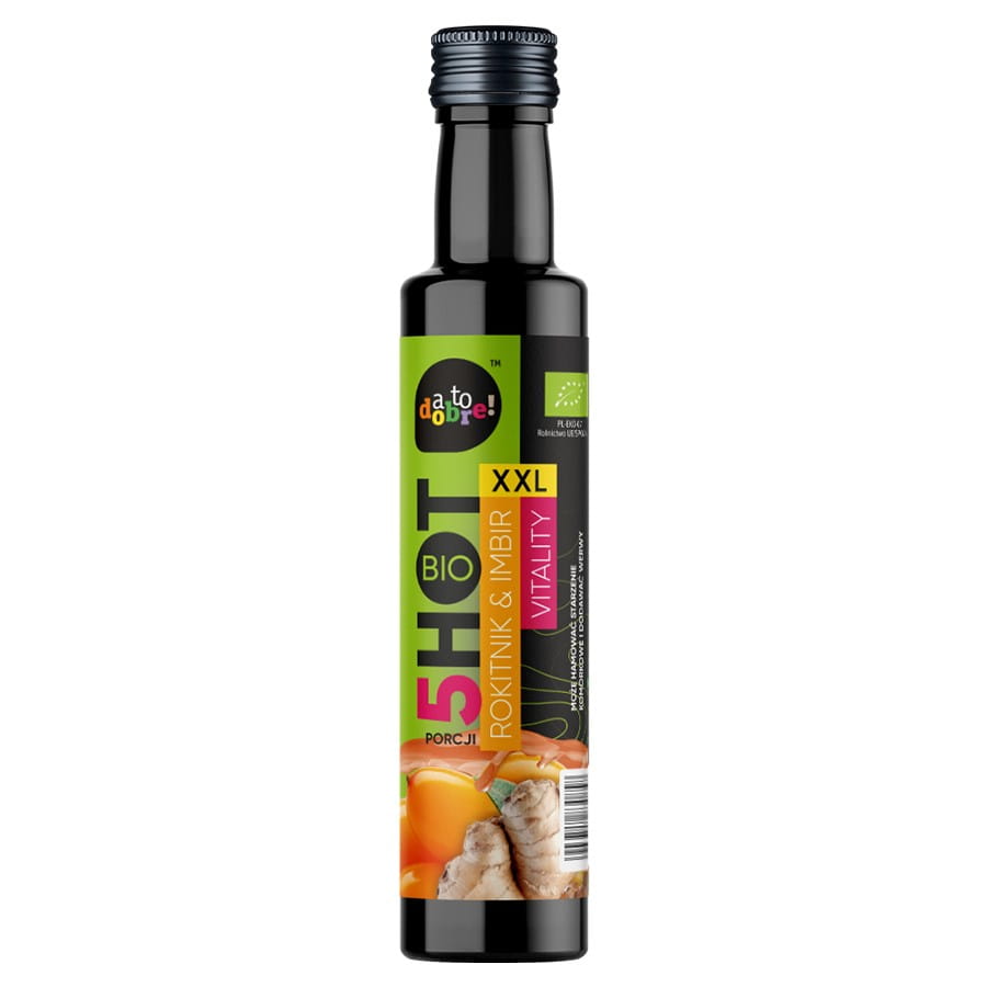 Bio Shot Vitalität XXL mit Sanddorn und Ingwer von A TO DOBRE! 250ml Flasche auf weißem Hintergrund.