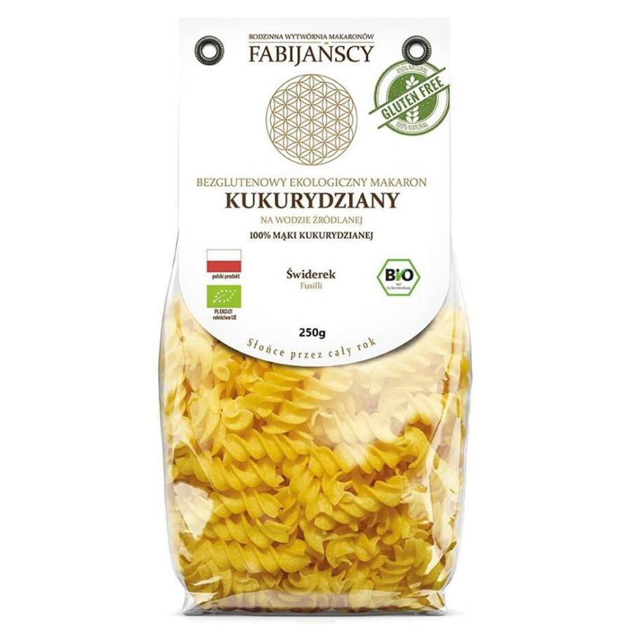 Glutenfreie Maisnudeln "świderek" Bio von FABIJAŃSCY, 250g, trockene Pasta in Packung.