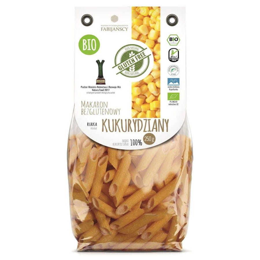 Glutenfreie Bio-Maisnudeln "Tube" von FABIJAŃSCY, 250g Packung, trockene Nudeln in Röhrenform, ideal für glutenfreie Gerichte
