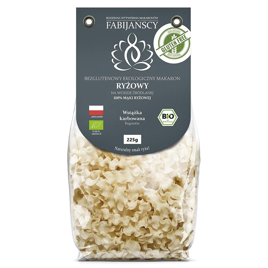 Weiße glutenfreie Reisnudeln "Rippenband" von FABIJAŃSCY, BIO, 225g, frisch und handgefertigt.