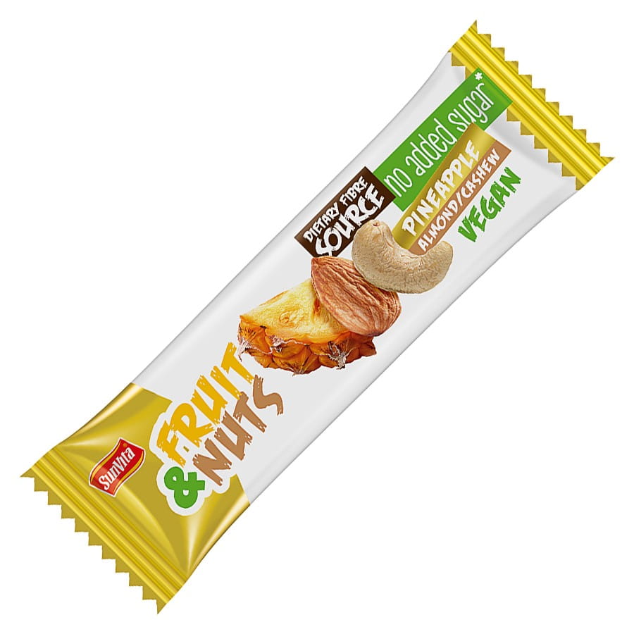 Frucht-Nuss-Riegel "Ananas" von SUNVITA, 30g, mit fruchtigen Ananasstücken und Nüssen, ohne Zuckerzusatz, auf dem Bild sichtbar