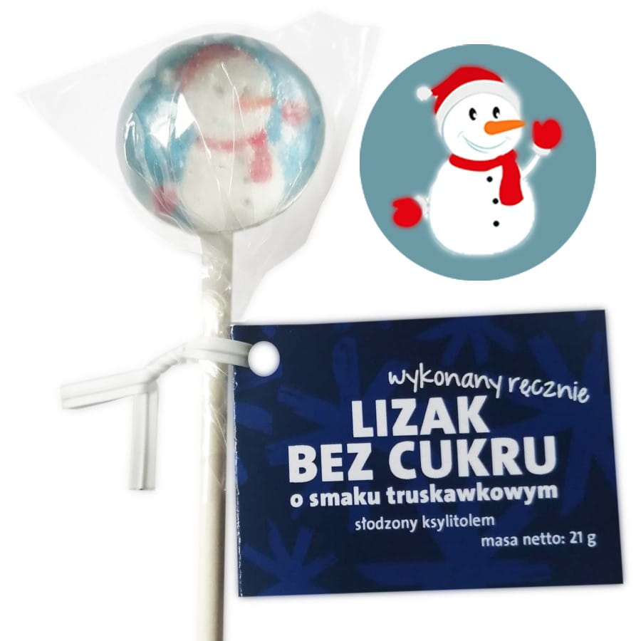 Handgefertigter Schneemann Lutscher mit Erdbeergeschmack, ohne Zuckerzusatz, 21 g, von STEWIARNIA, detailreiche Süßigkeit.