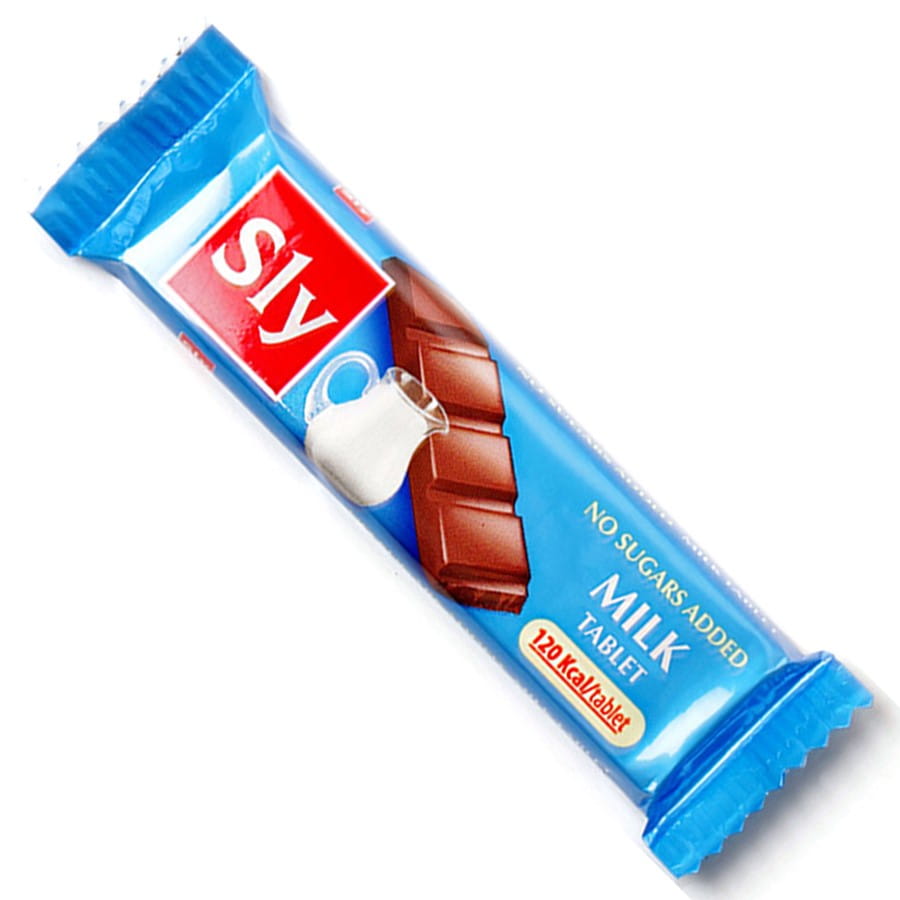 Milchschokoriegel ohne Zuckerzusatz von SLY NUTRITIA, 25g, mit cremiger Schokolade und ohne Zuckerzusatz, auf dem Bild.