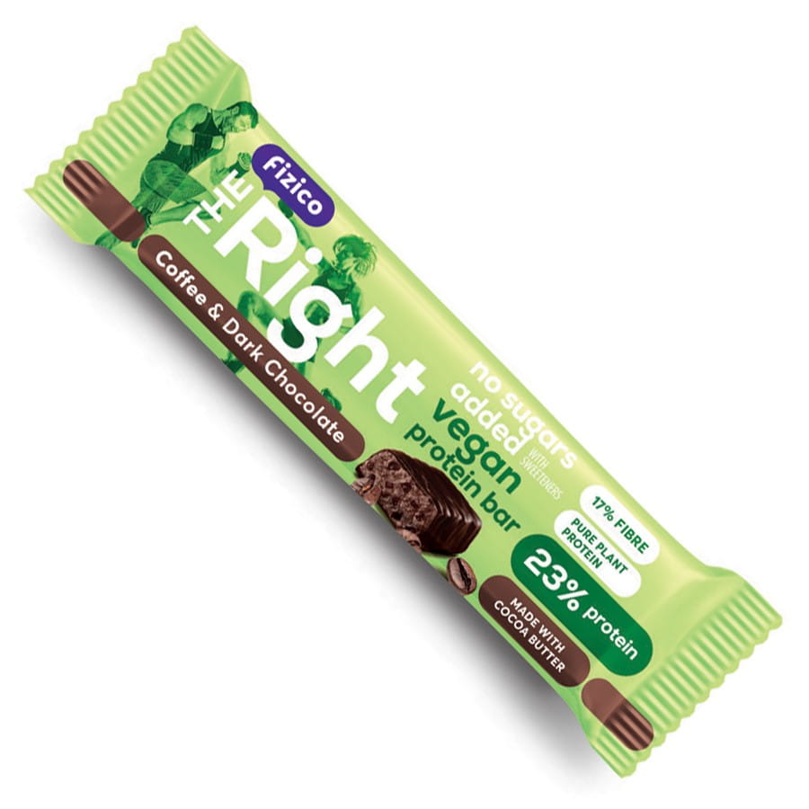 Proteinriegel Kaffee und Zartbitterschokolade von FIZICO, 40g, mit Schokoladen- und Kaffeearomen, zeigt den Riegel in der Verpackung