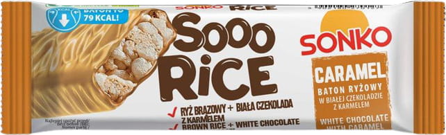 Reisriegel mit weißer Schokolade und Karamell von SONKO, 16g, Nahaufnahme des Riegels mit Schokolade und Karamellschichten