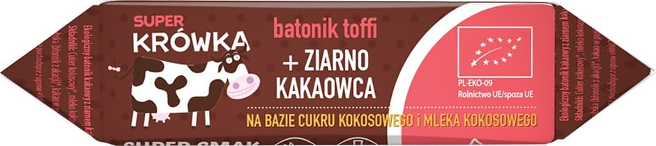 Glutenfreie Toffeeriegel mit Kakaobohnen von SUPER KRÓWKA, 30g, cremiger Fudge in goldener Verpackung.